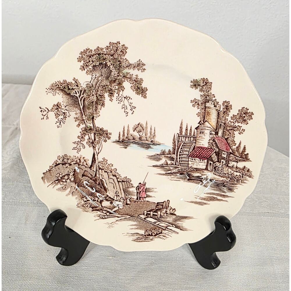Vintage Johnson Bros "The Old Mill" Dessert/Fruit Plate 6 1/4" Round Cream Brown